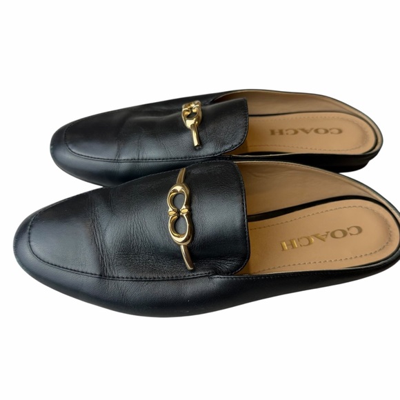 Coach Sienna Black Leather Mule Loafers Gold Hardware Slip-On Flats Size 6 - Picture 2 of 6